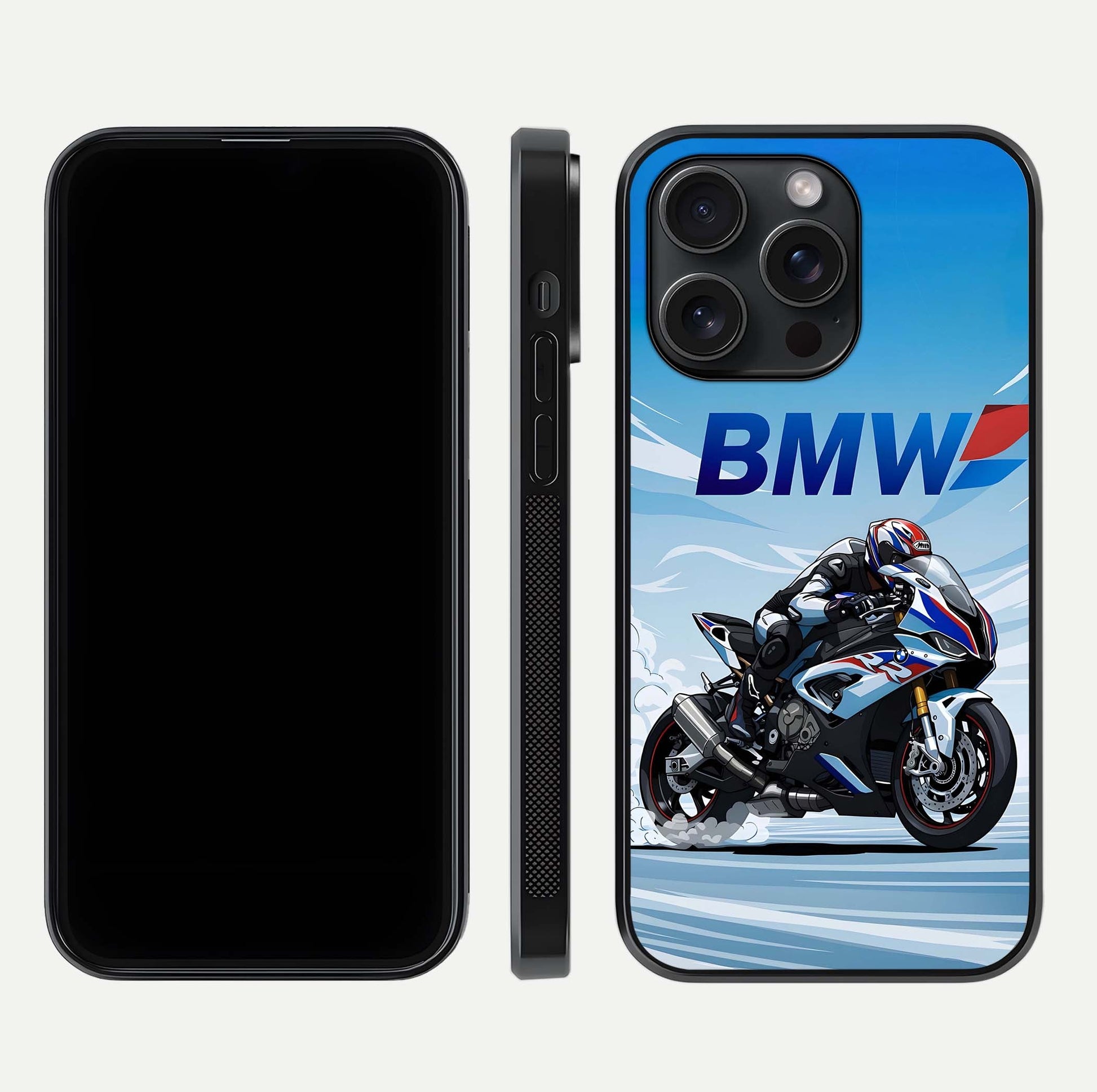 BMW Power Drift Glass Case for iPhone 15 Pro dual-view layout showing energy pattern and edge clarity
