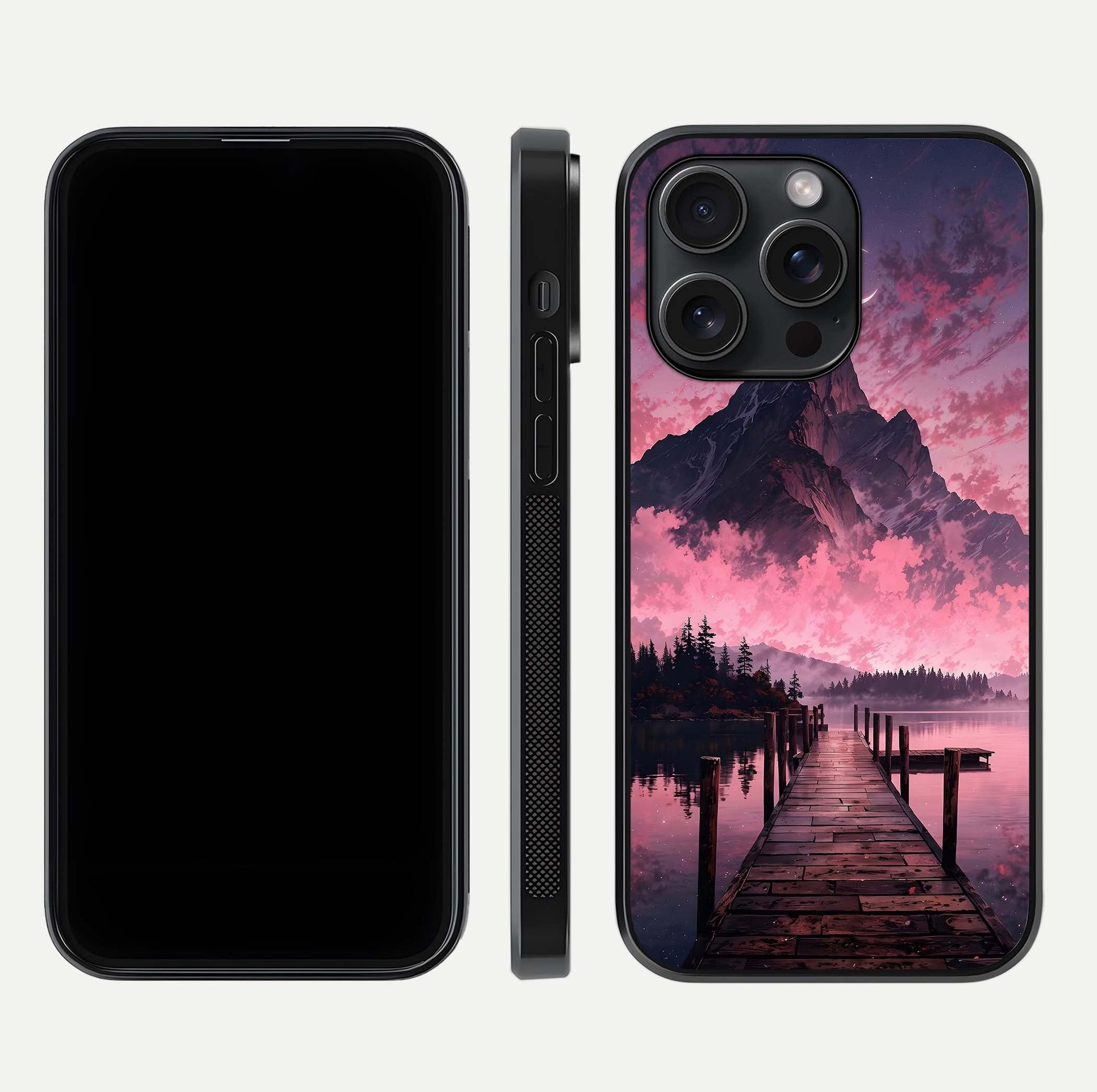 Beautyful Mountain View Glass Case for iPhone 15 Pro front and back layout showcasing natural tones and clarity