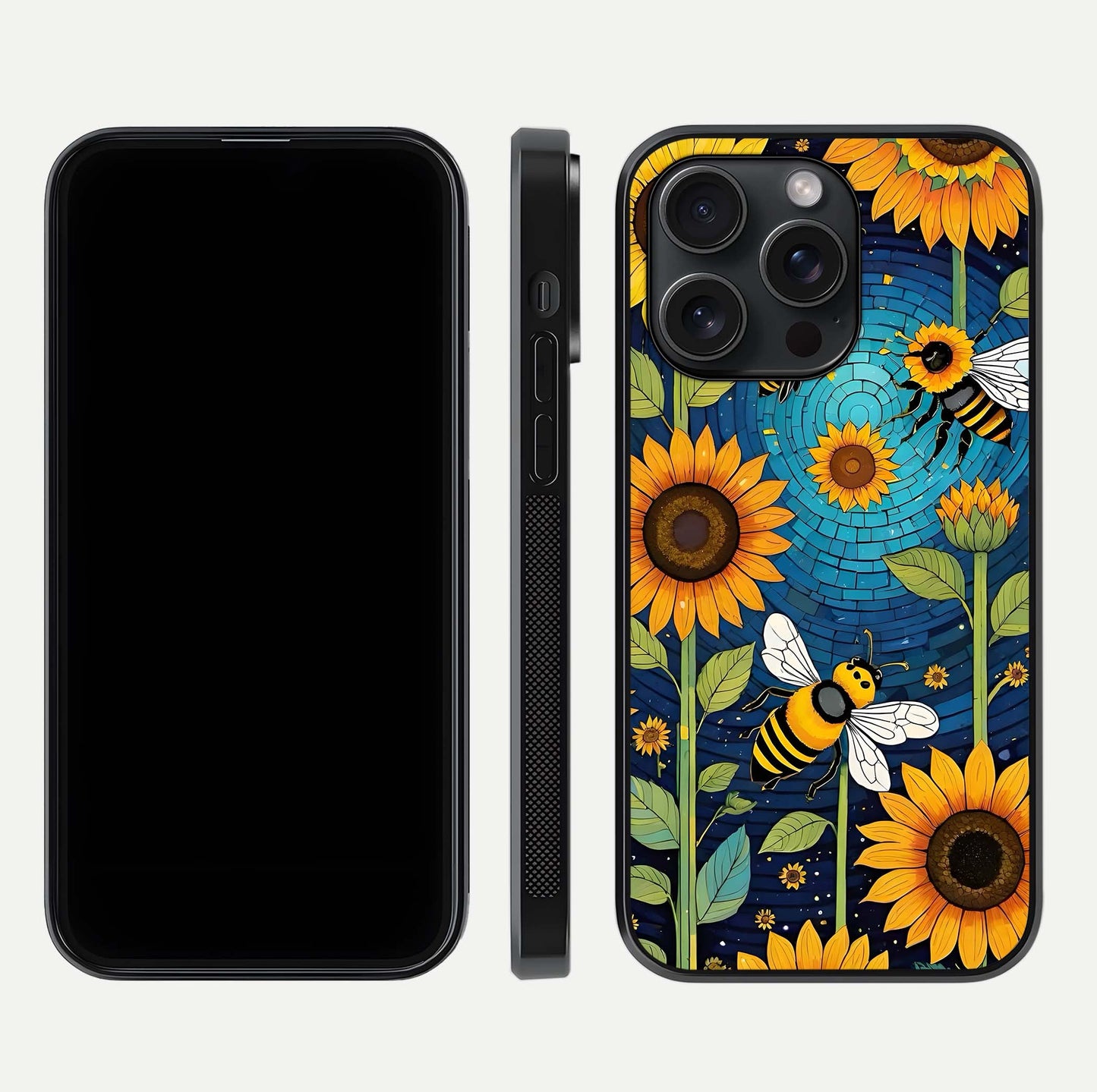 Bees & Sunflowers Glass Case for iPhone 15 Pro front-and-back layout highlighting nature-inspired artwork and protective edge