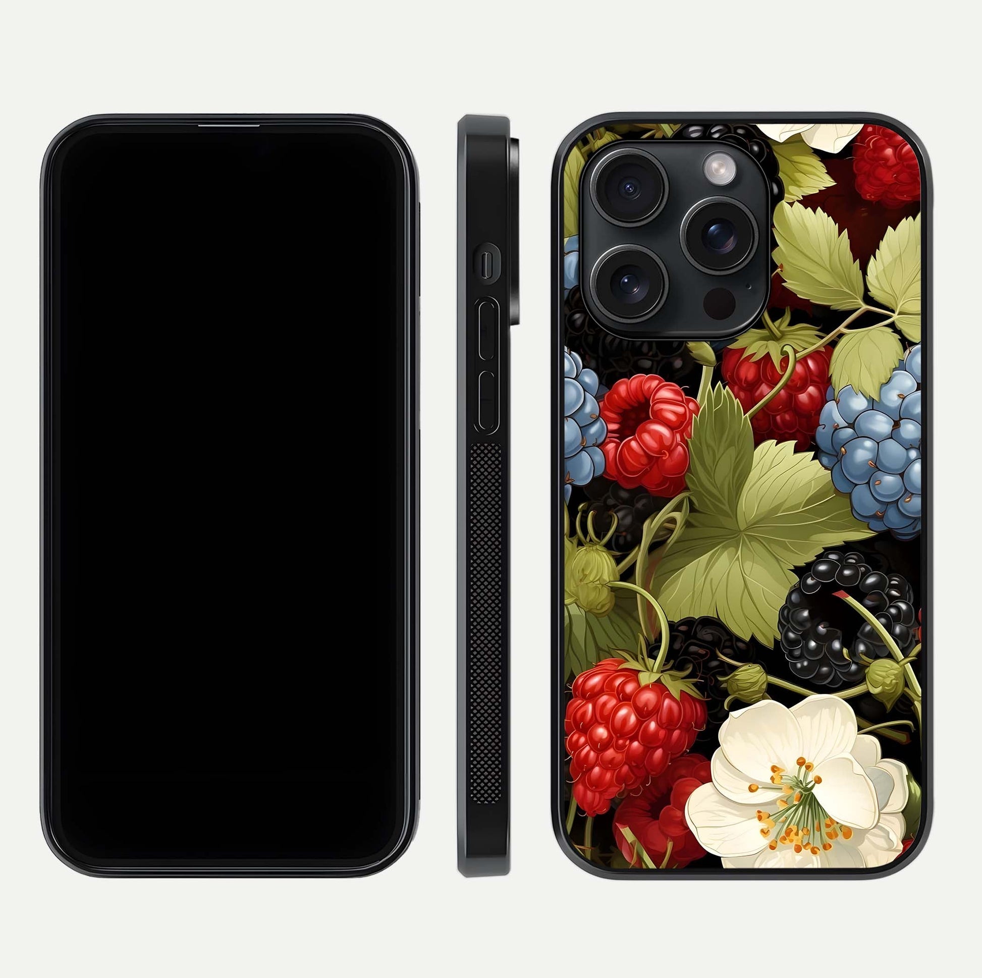Berry Bloom Charm Glass Case for iPhone 15 Pro front-and-back layout showing floral pattern continuity and smooth glass shine