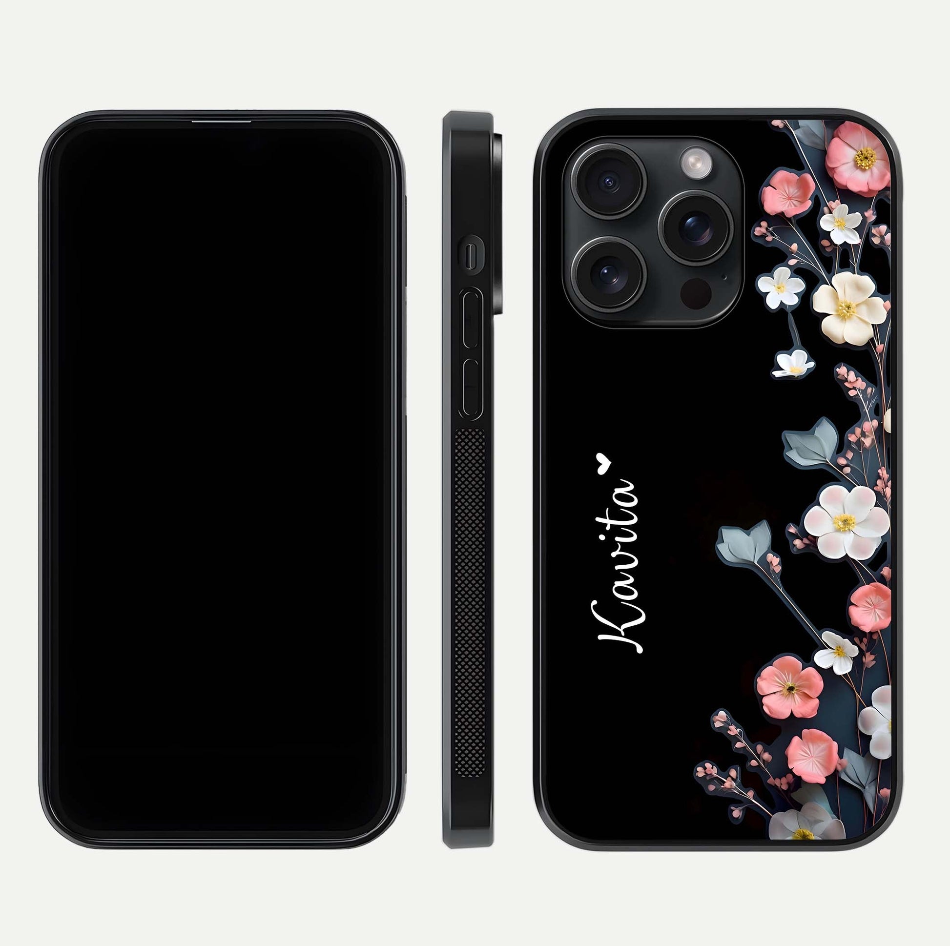 Black Elegance Floral Custom Name Glass Case for iPhone 15 Pro dual-view layout displaying name placement and gloss finish