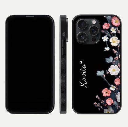 Black Elegance Floral Custom Name Glass Case for iPhone 15 Pro dual-view layout displaying name placement and gloss finish