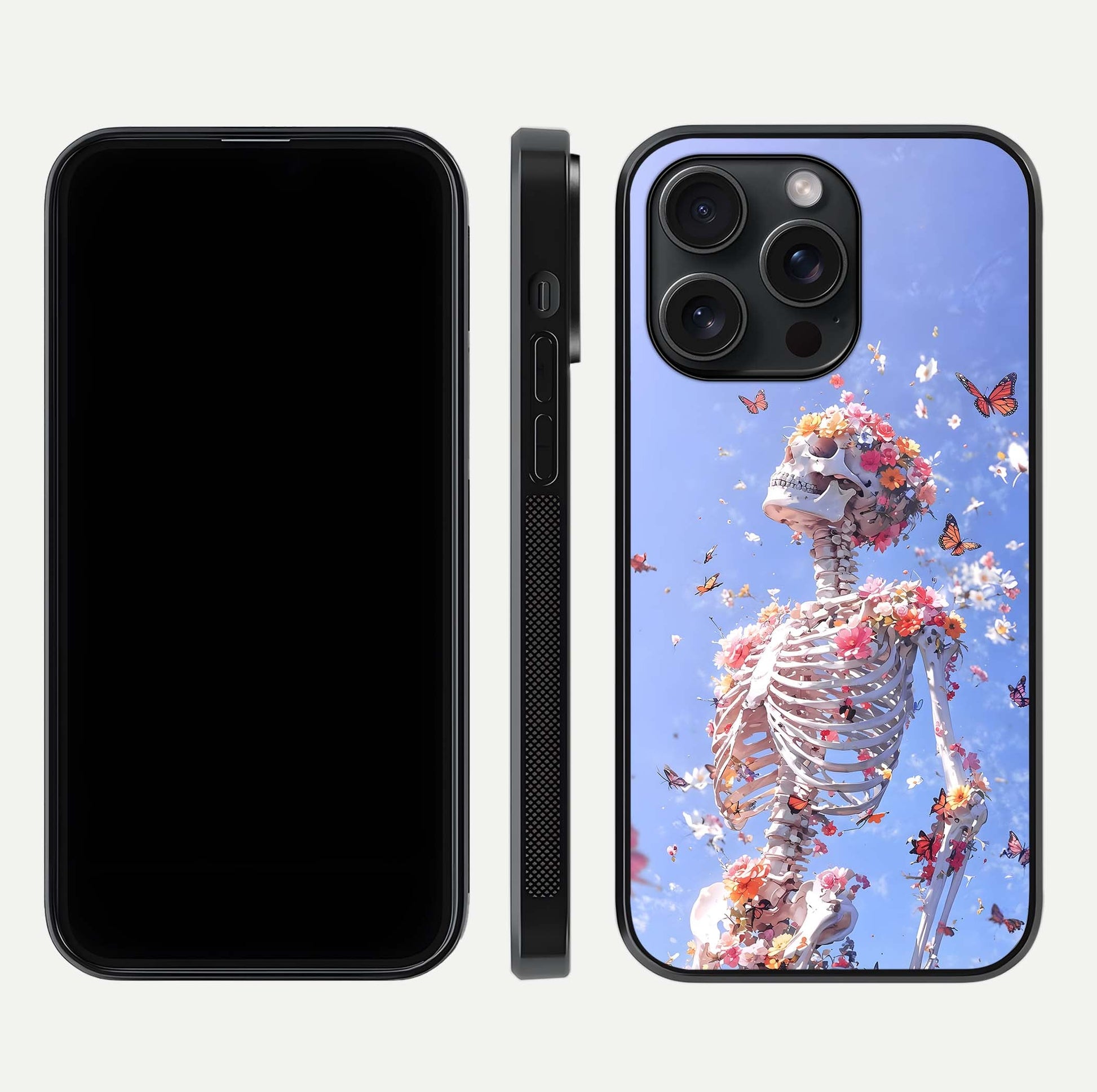 Bloom Beyond Bones Glass Case for iPhone 15 Pro dual-view layout showing creative aesthetic and edge design