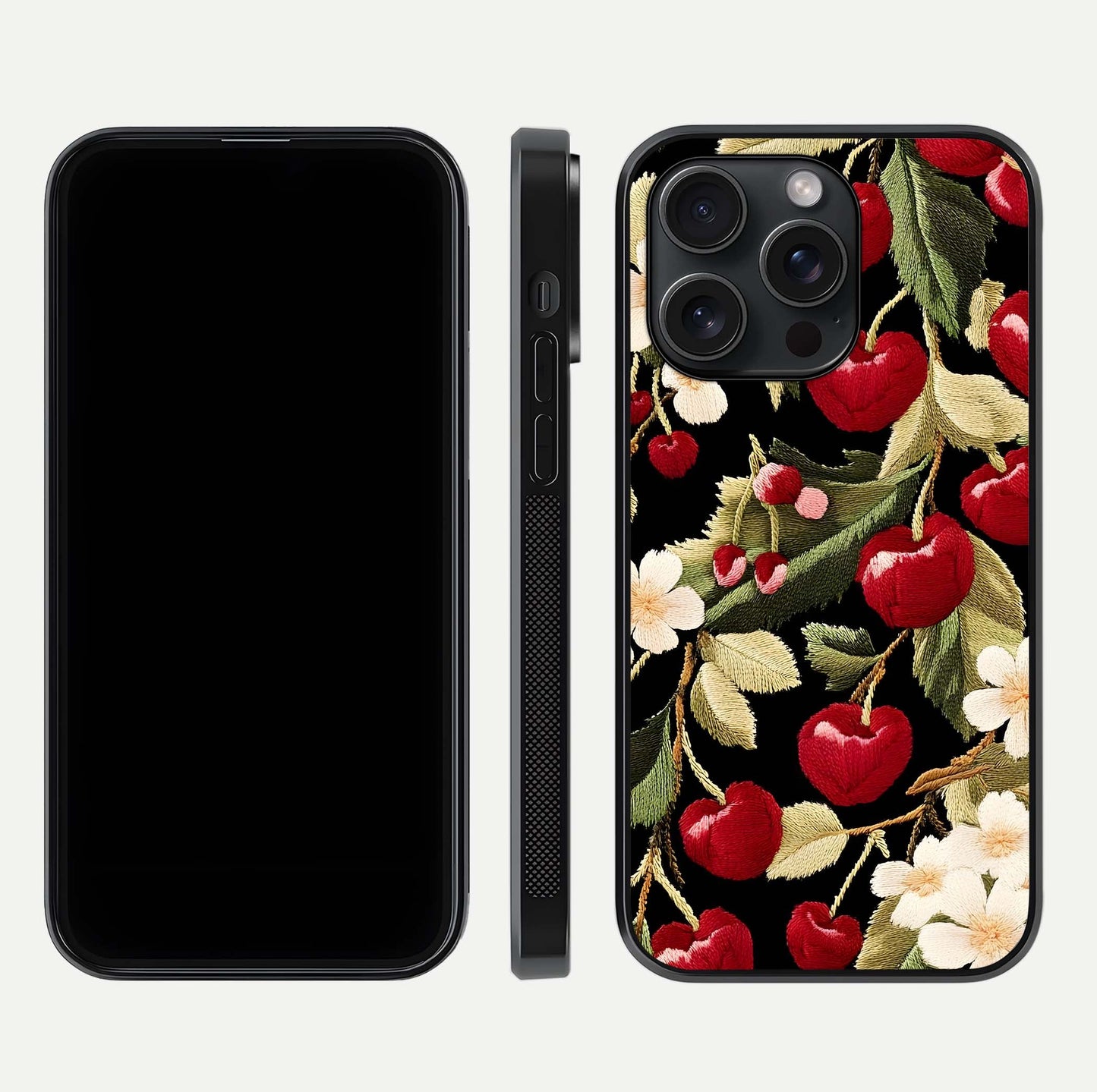 Bloom Thread Art Glass Case for iPhone 15 Pro front-and-back layout showing smooth edges and high-clarity print