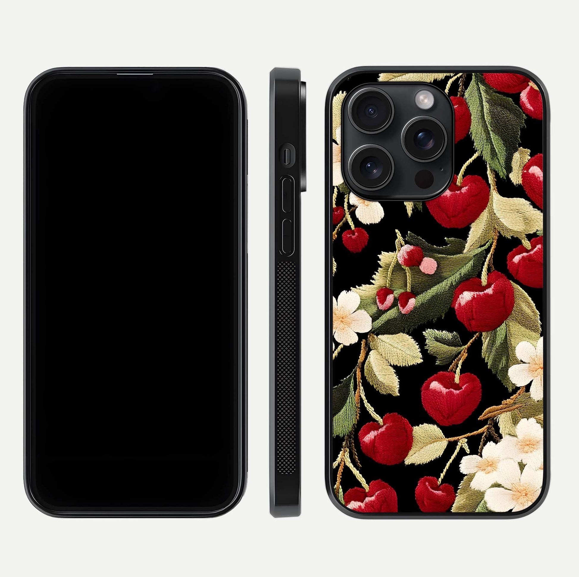 Bloom Thread Art Glass Case for iPhone 15 Pro front-and-back layout showing smooth edges and high-clarity print