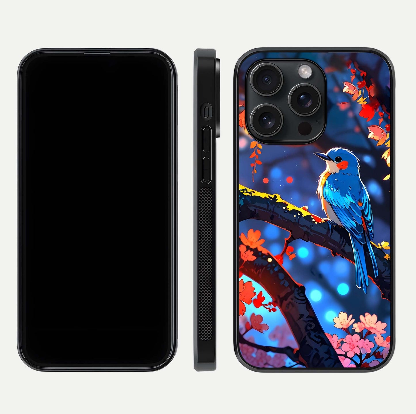 Blooming Spendor Bird Glass Case for iPhone 15 Pro front-and-back view showing nature print and protective edge