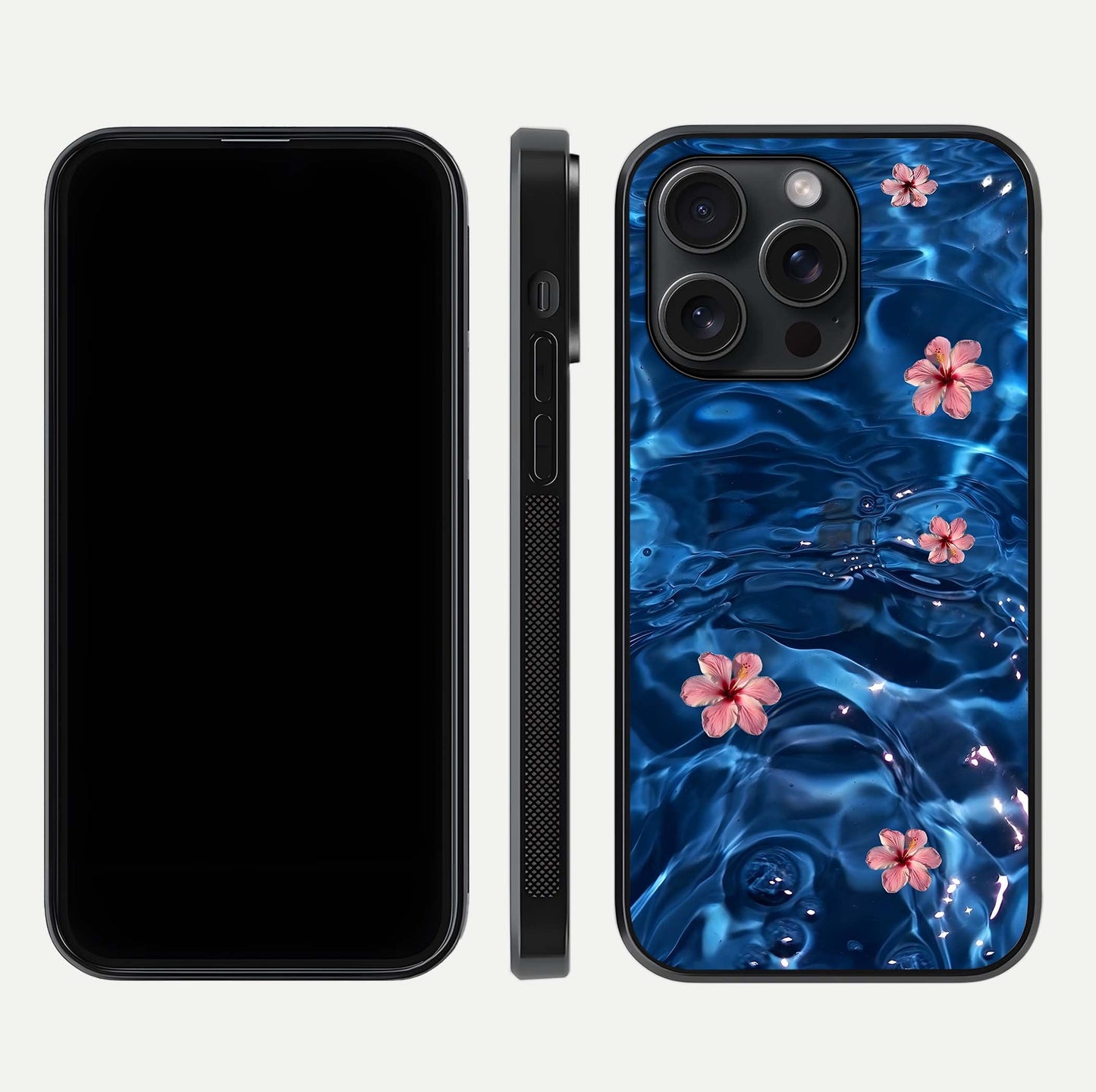 Blooming Water Drift Glass Case for iPhone 15 Pro front-and-back layout highlighting edge design and serene water bloom art