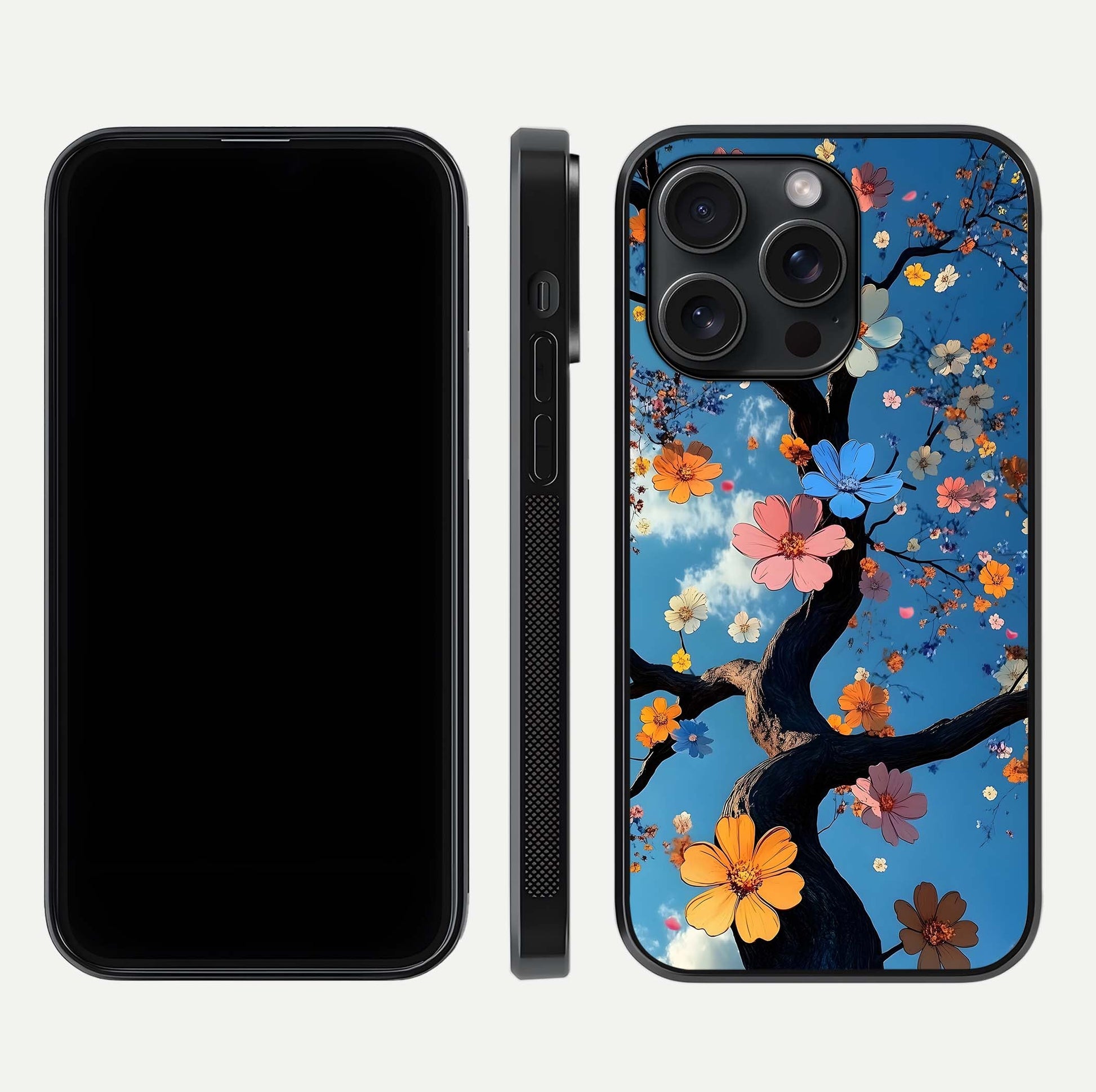 Blossom Dream Sky Glass Case for iPhone 15 Pro front-and-back layout showing floral print and premium edge gloss