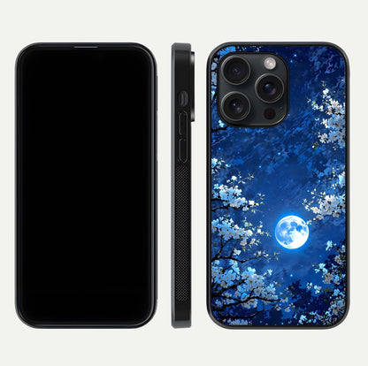Blossom Moonlight Sky Glass Case for iPhone 15 Pro dual-view layout highlighting sky gradient and floral composition