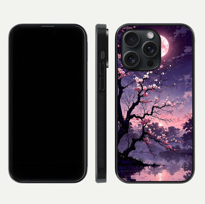 Blossom Pink Moon Glass Case for iPhone 15 Pro front-and-back layout showing minimal edges and artistic flower print