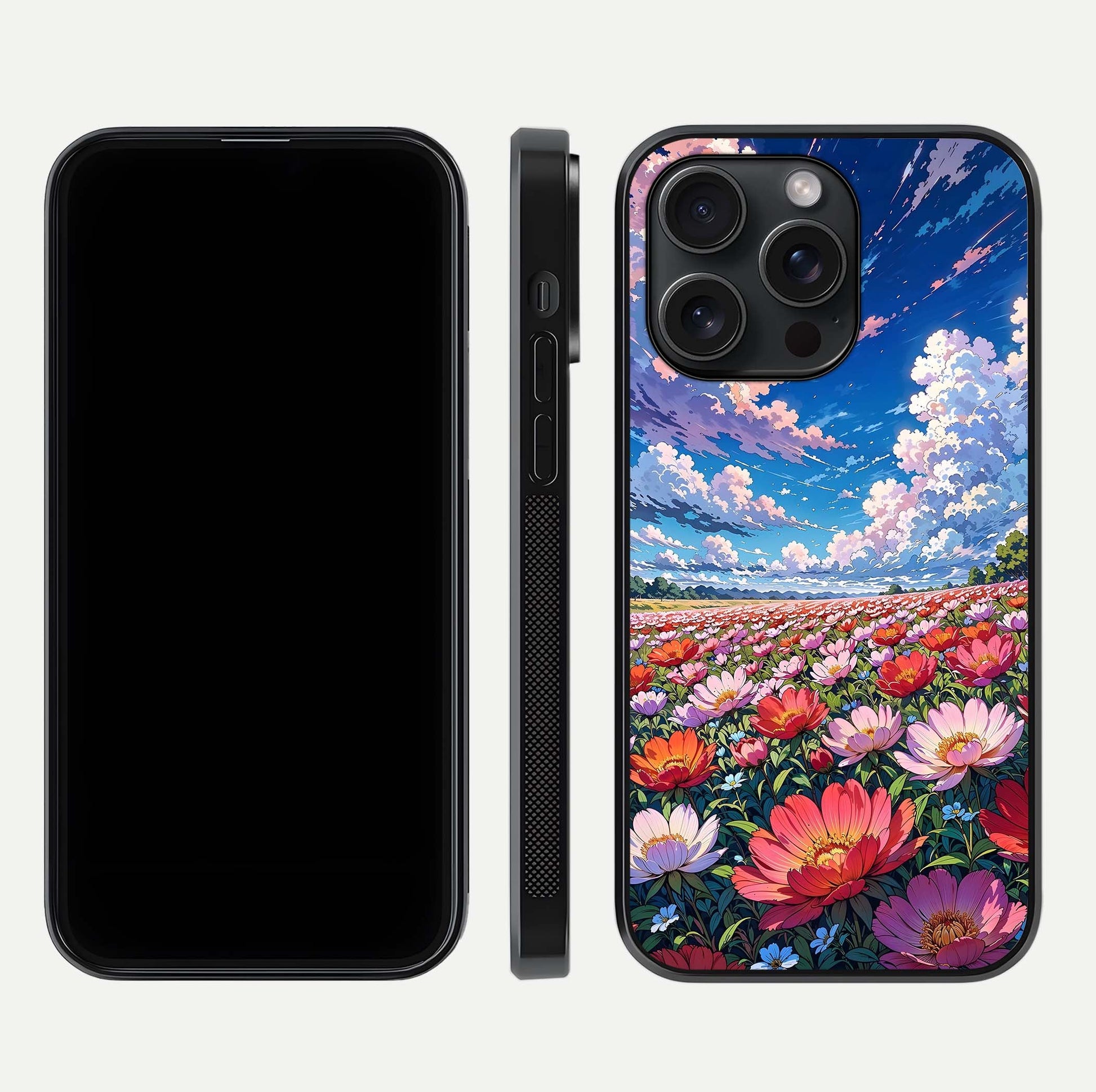 Blossom Sky Field Glass Case for iPhone 15 Pro front-and-back layout highlighting design edges and gloss clarity