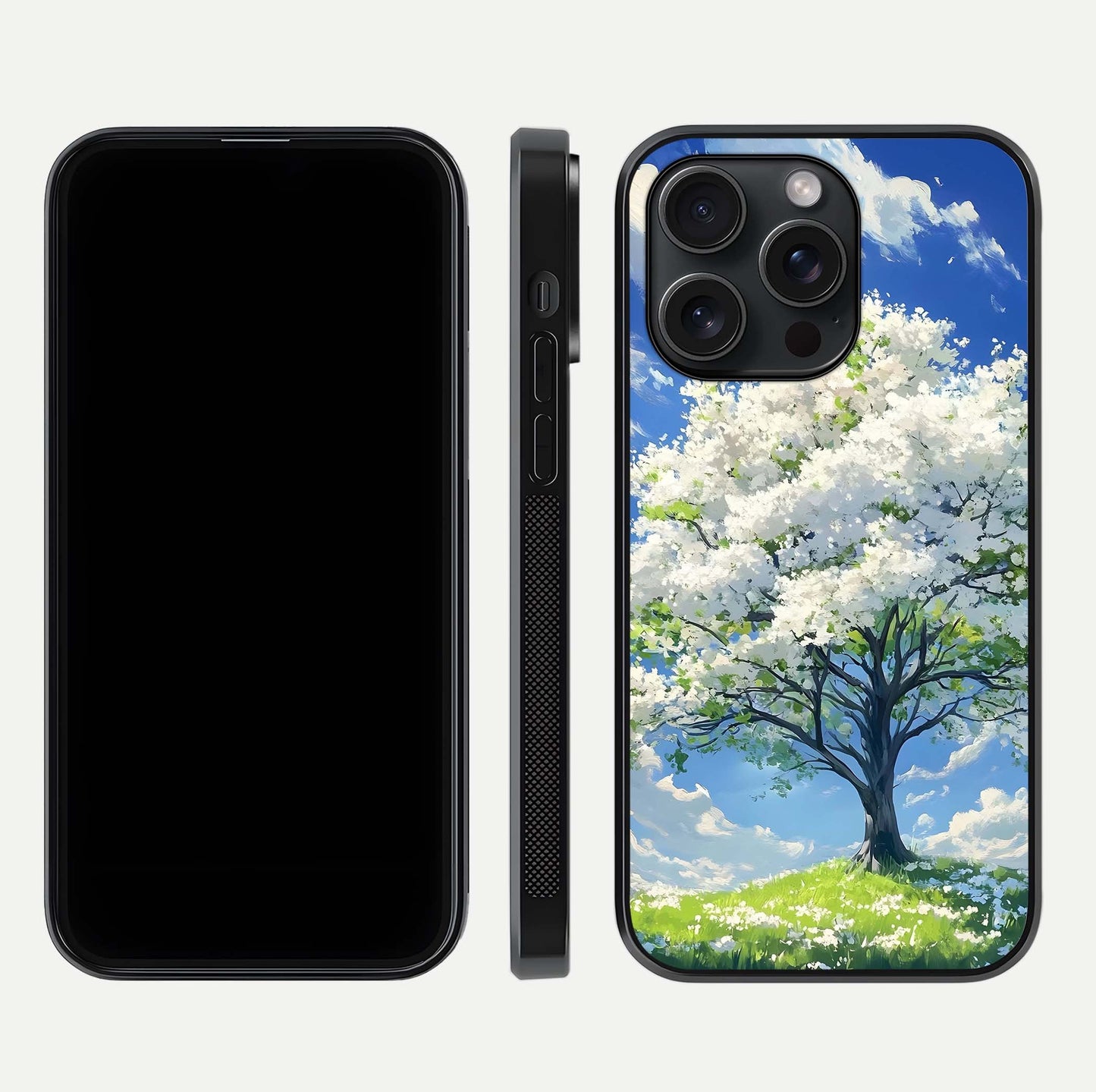 Blossom Sky Serenity Glass Case for iPhone 15 Pro dual-view layout showing pastel hues and soft protective edges