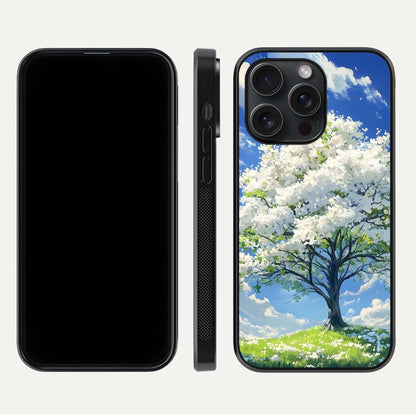 Blossom Sky Serenity Glass Case for iPhone 15 Pro dual-view layout showing pastel hues and soft protective edges
