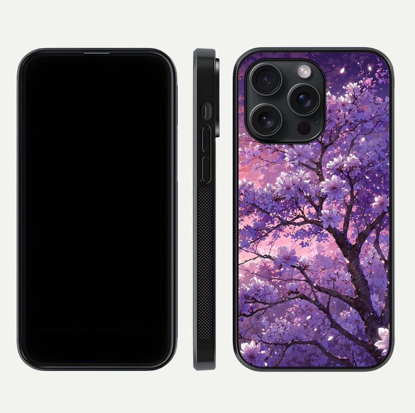 Blossom Tree Glass Case for iPhone 15 Pro front-and-back layout showing art alignment and gloss reflection