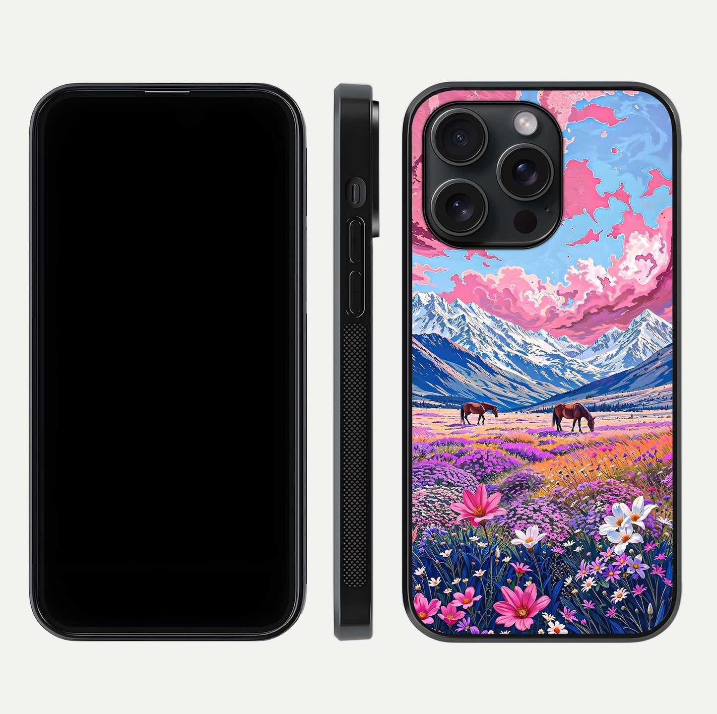 Blossom Valley Dream Glass Case for iPhone 15 Pro front-and-back layout highlighting glossy reflection and edge cut