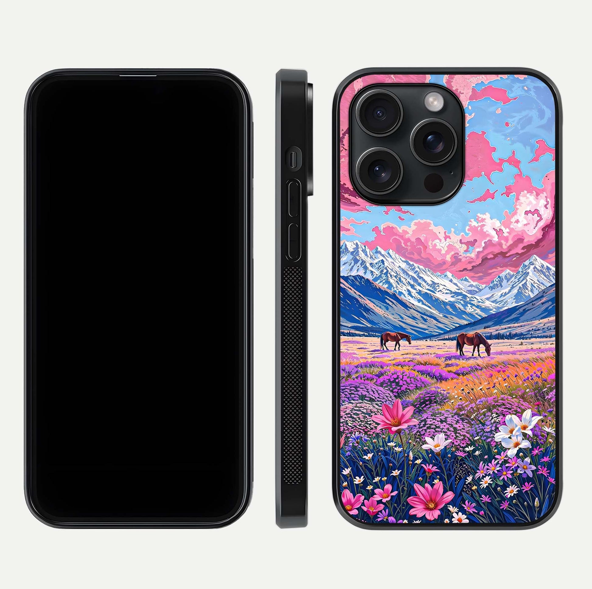 Blossom Valley Dream Glass Case for iPhone 15 Pro front-and-back layout highlighting glossy reflection and edge cut