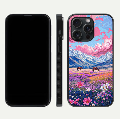 Blossom Valley Dream Glass Case for iPhone 15 Pro front-and-back layout highlighting glossy reflection and edge cut