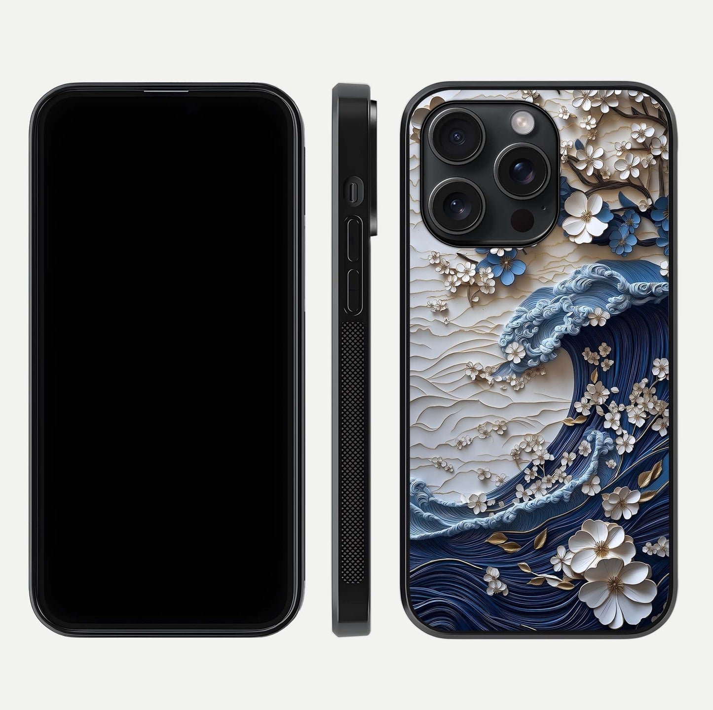 Blossom Wave Art Glass Case for iPhone 15 Pro front-and-back layout showing curved design and glass clarity