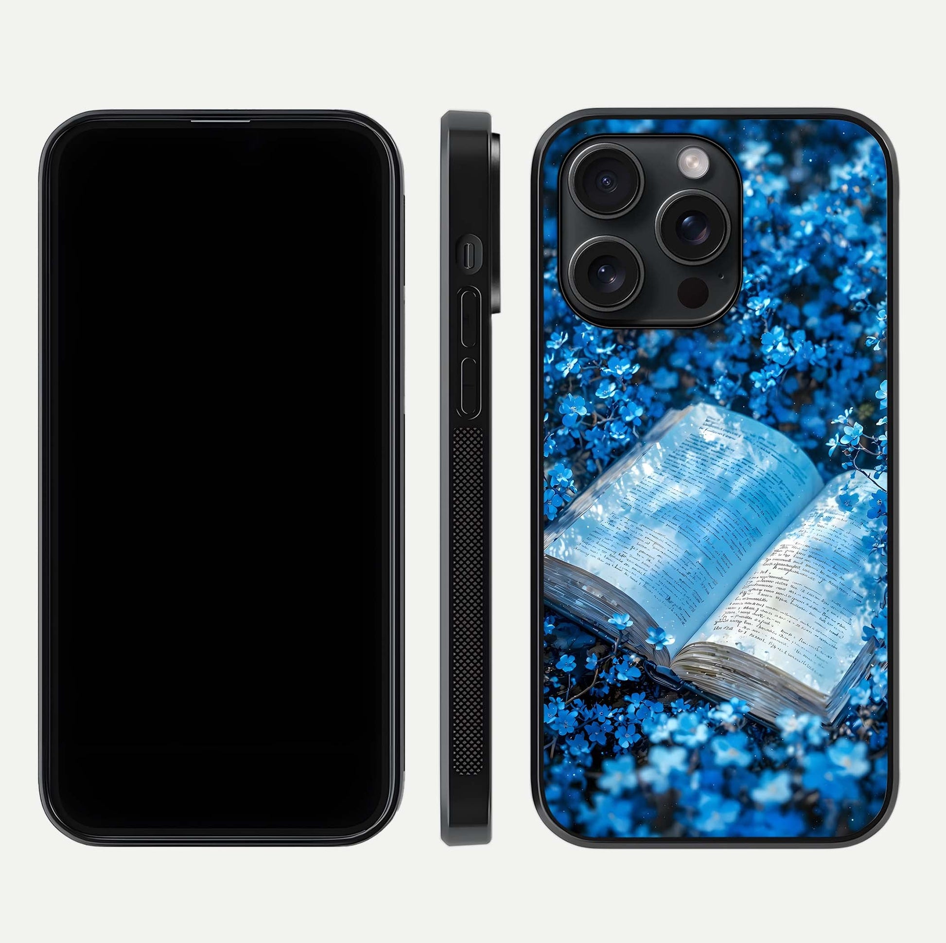 Blue Bloom Tales Glass Case for iPhone 15 Pro dual-view layout highlighting shine, floral print, and smooth edges
