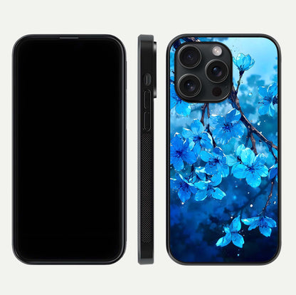 Blue Blossoms Branch Glass Case for iPhone 15 Pro dual-view layout displaying floral art and sleek protective frame