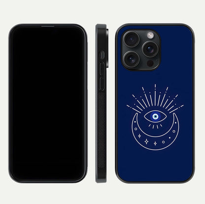Blue Evil Eye Glass Case for iPhone 15 Pro front-and-back layout showing blue aura design and curved-edge clarity