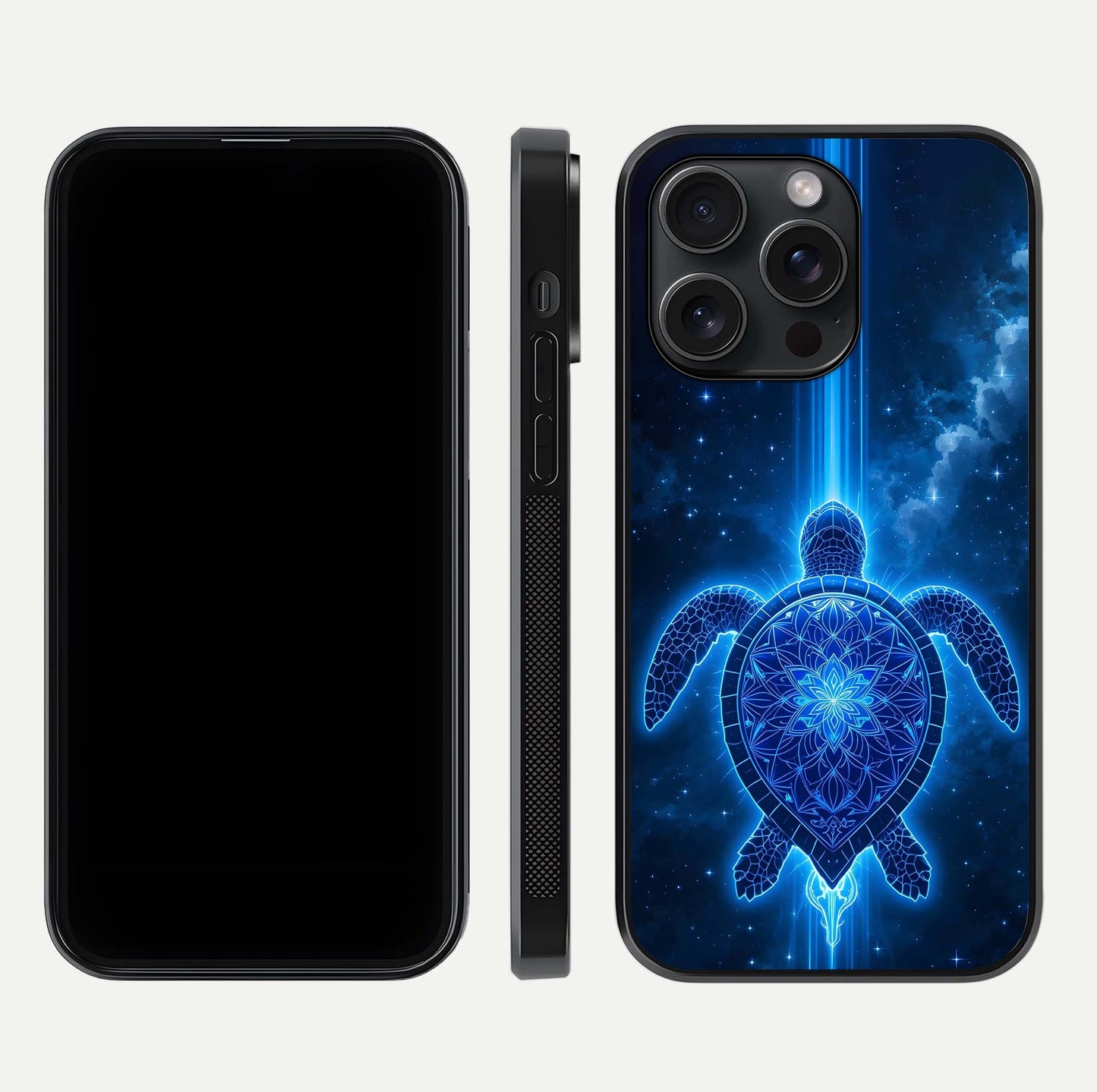 Blue Galaxy Turtle Glass Case for iPhone 15 Pro front-and-back layout highlighting cosmic art and reflective glass