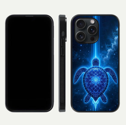 Blue Galaxy Turtle Glass Case for iPhone 15 Pro front-and-back layout highlighting cosmic art and reflective glass