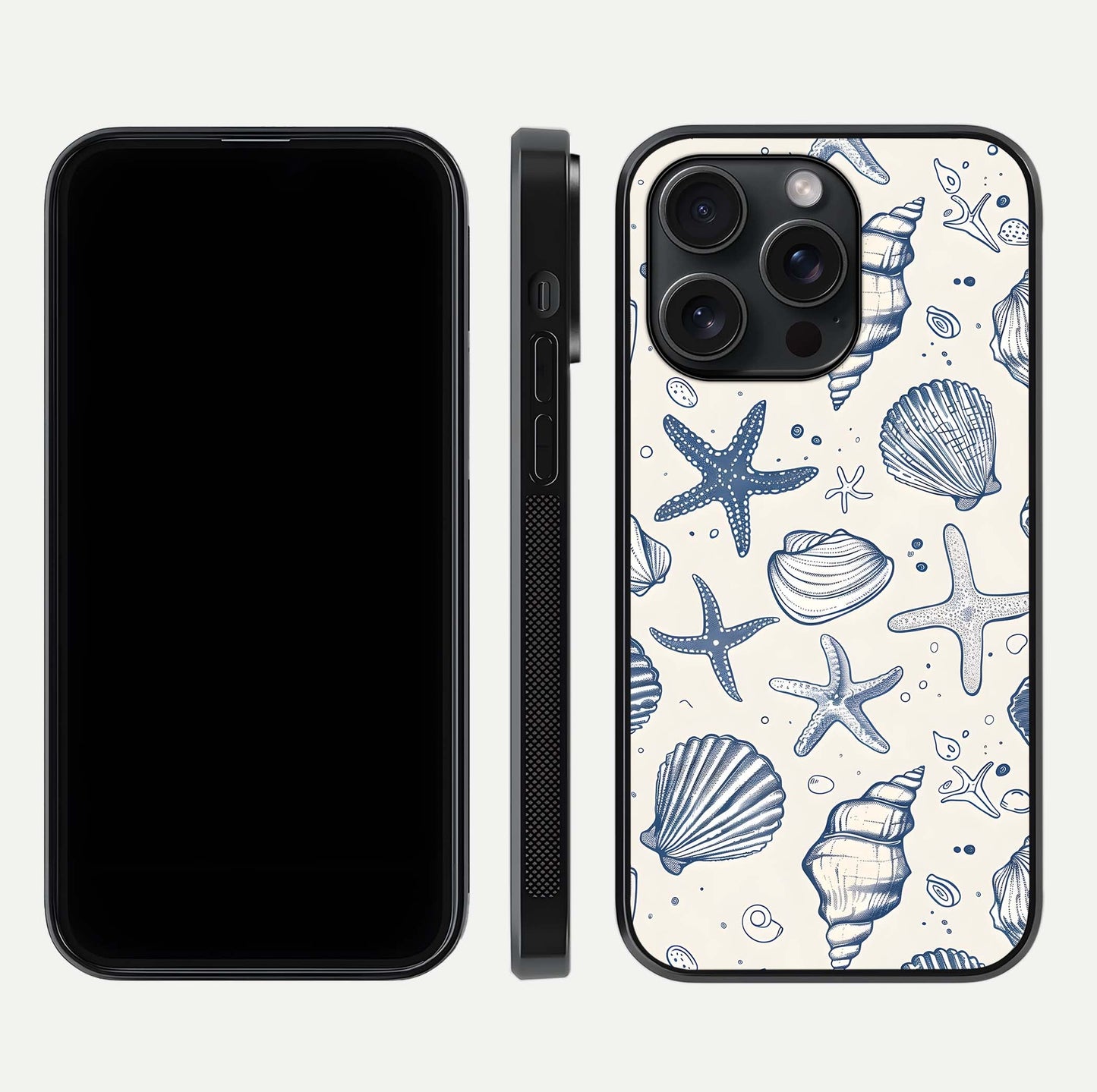 Blue Ocean Outline Glass Case for iPhone 15 Pro front-and-back layout showing minimal wave design and HD gloss