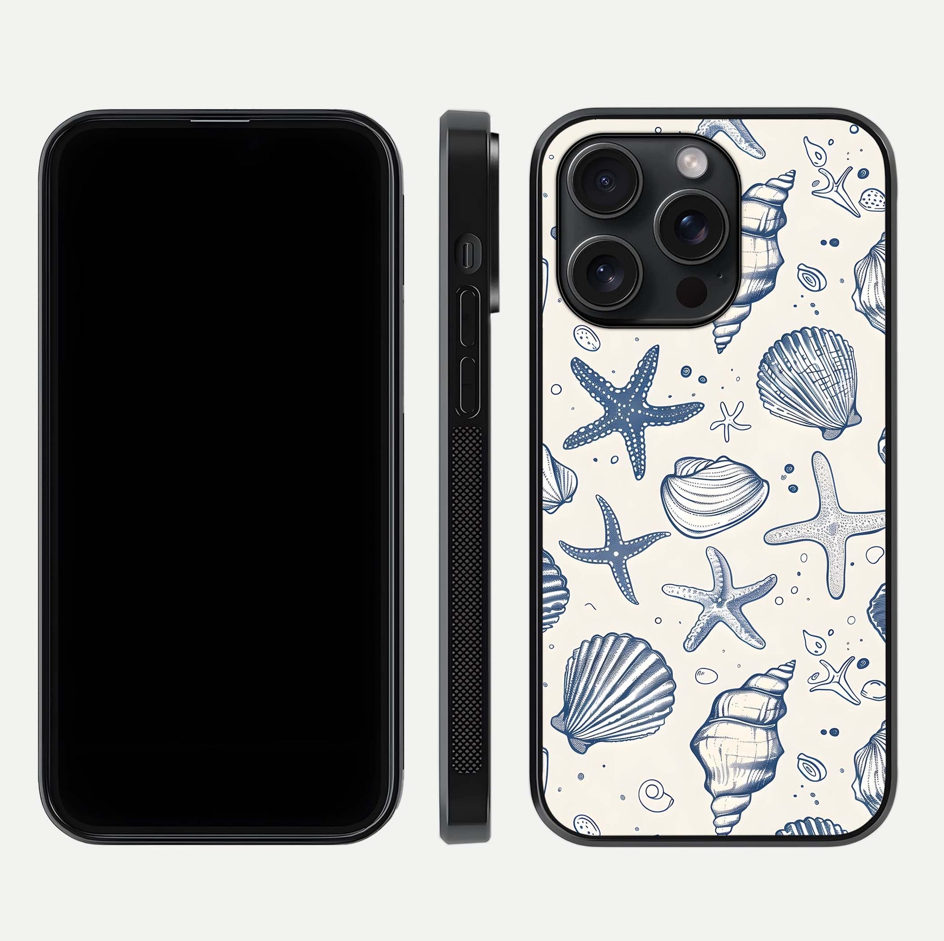 Blue Ocean Outline Glass Case for iPhone 15 Pro front-and-back layout showing minimal wave design and HD gloss