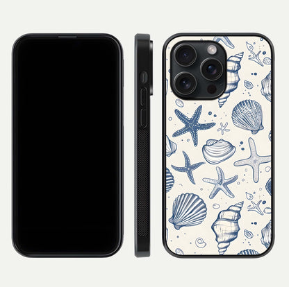 Blue Ocean Outline Glass Case for iPhone 15 Pro front-and-back layout showing minimal wave design and HD gloss