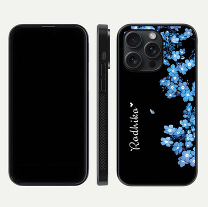 Blue Petal Dream Custom Name Glass Case for iPhone 15 Pro dual-view layout showing text placement and premium finish