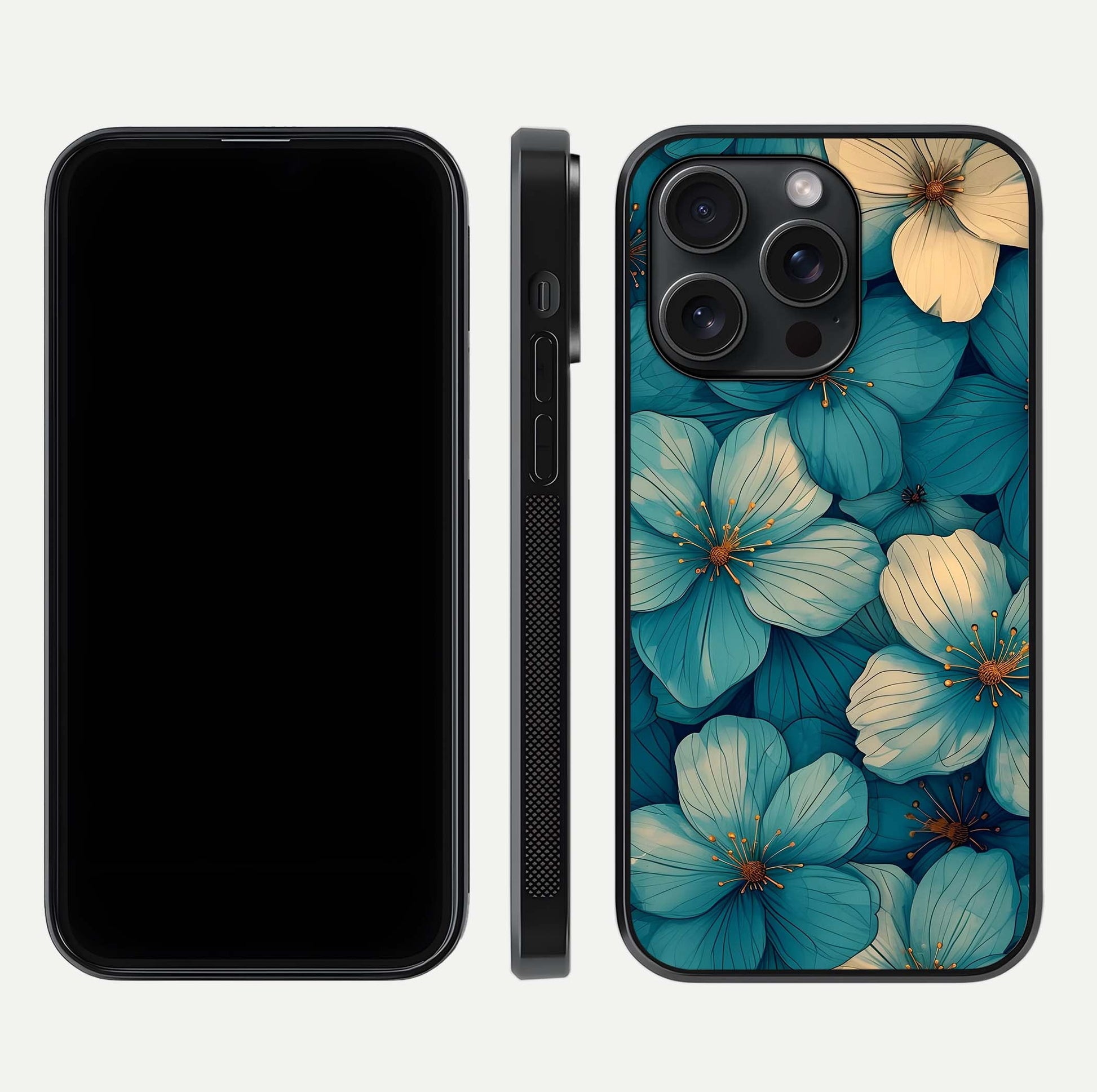 Blue Shade Floral Glass Case for iPhone 15 Pro front-and-back layout displaying bloom contrast and edge polish