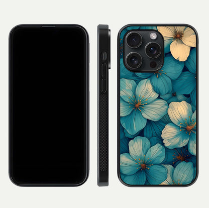 Blue Shade Floral Glass Case for iPhone 15 Pro front-and-back layout displaying bloom contrast and edge polish