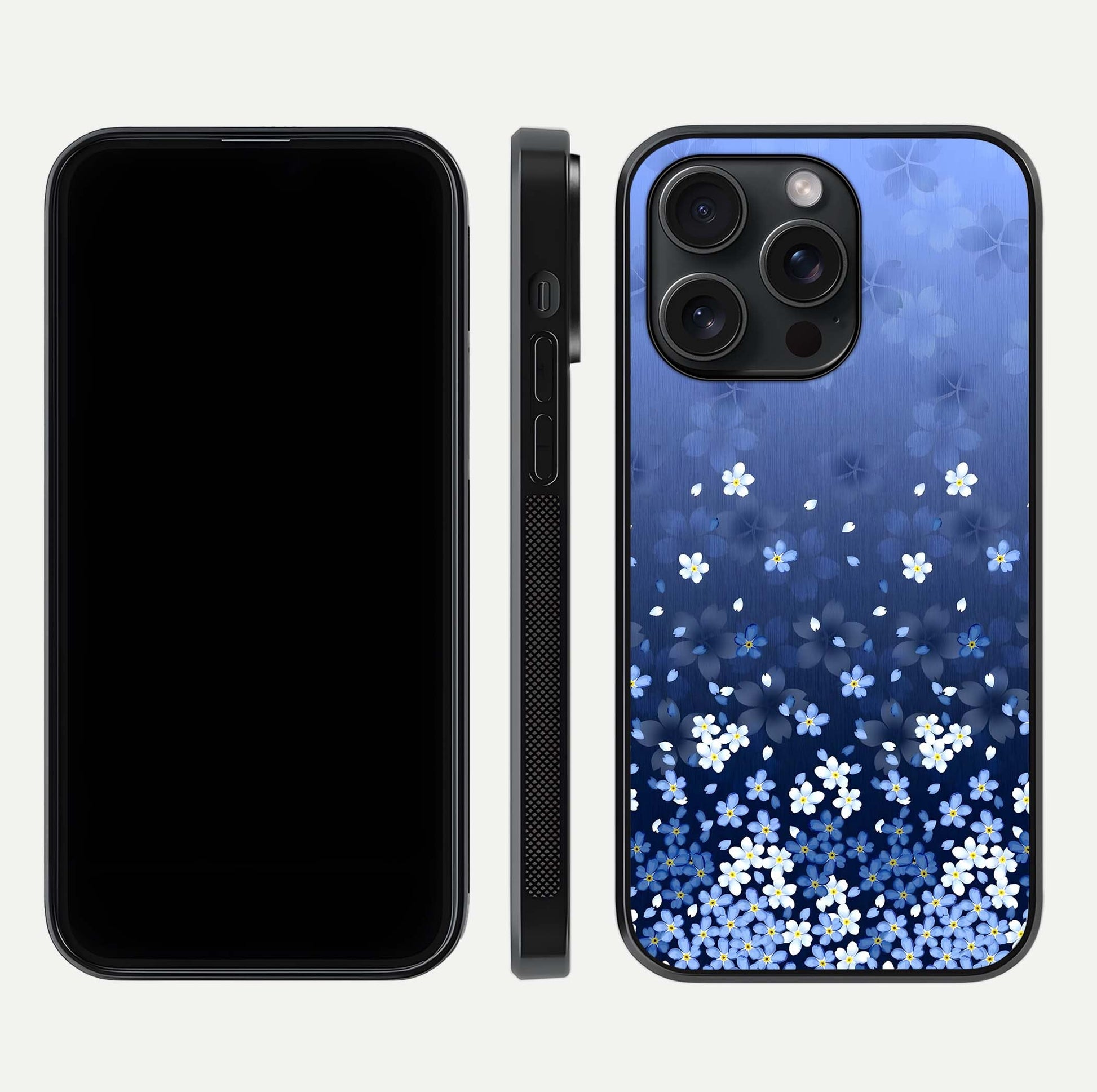 Blue Starry Glass Case for iPhone 15 Pro dual-view layout showing star spread and smooth edge shine