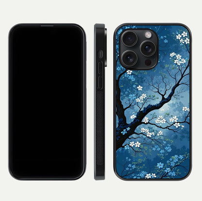 Blue Tree Serenity Glass Case for iPhone 15 Pro front-and-back layout showing gradient background and smooth edges