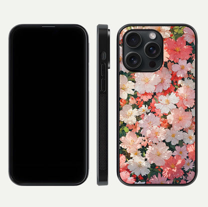Blush Bloom Field Glass Case for iPhone 15 Pro dual-view layout showing bloom arrangement and protective frame