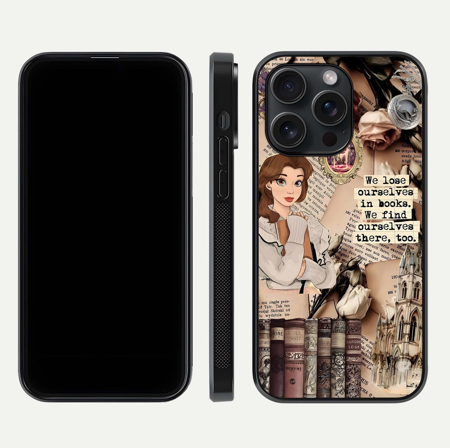 Bookish Dream World Glass Case for iPhone 15 Pro dual-view layout displaying colorful fantasy print and edge finish