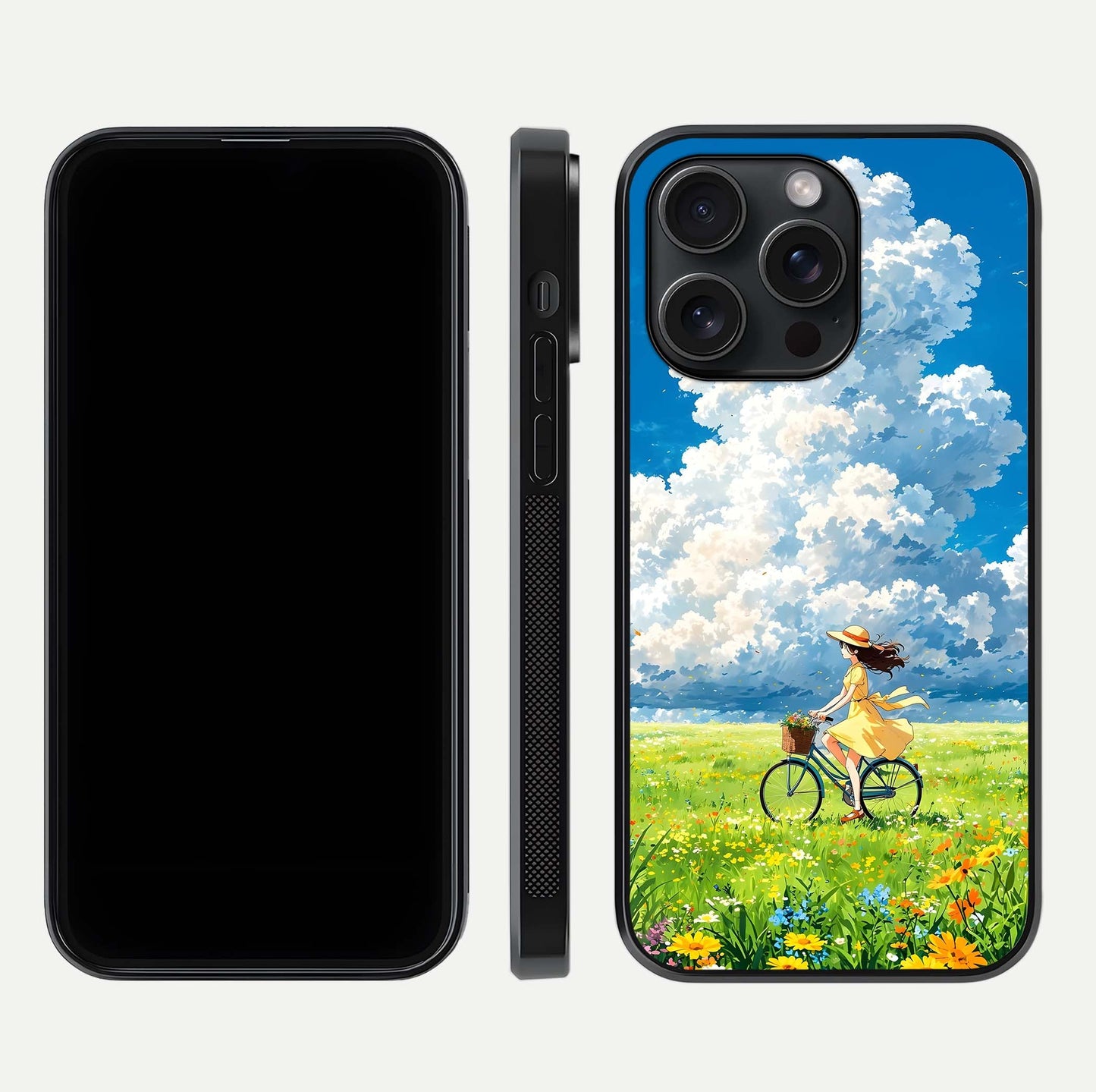 Breezy Meadow Ride Glass Case for iPhone 15 Pro dual-view layout showing soft landscape design and reflection gloss