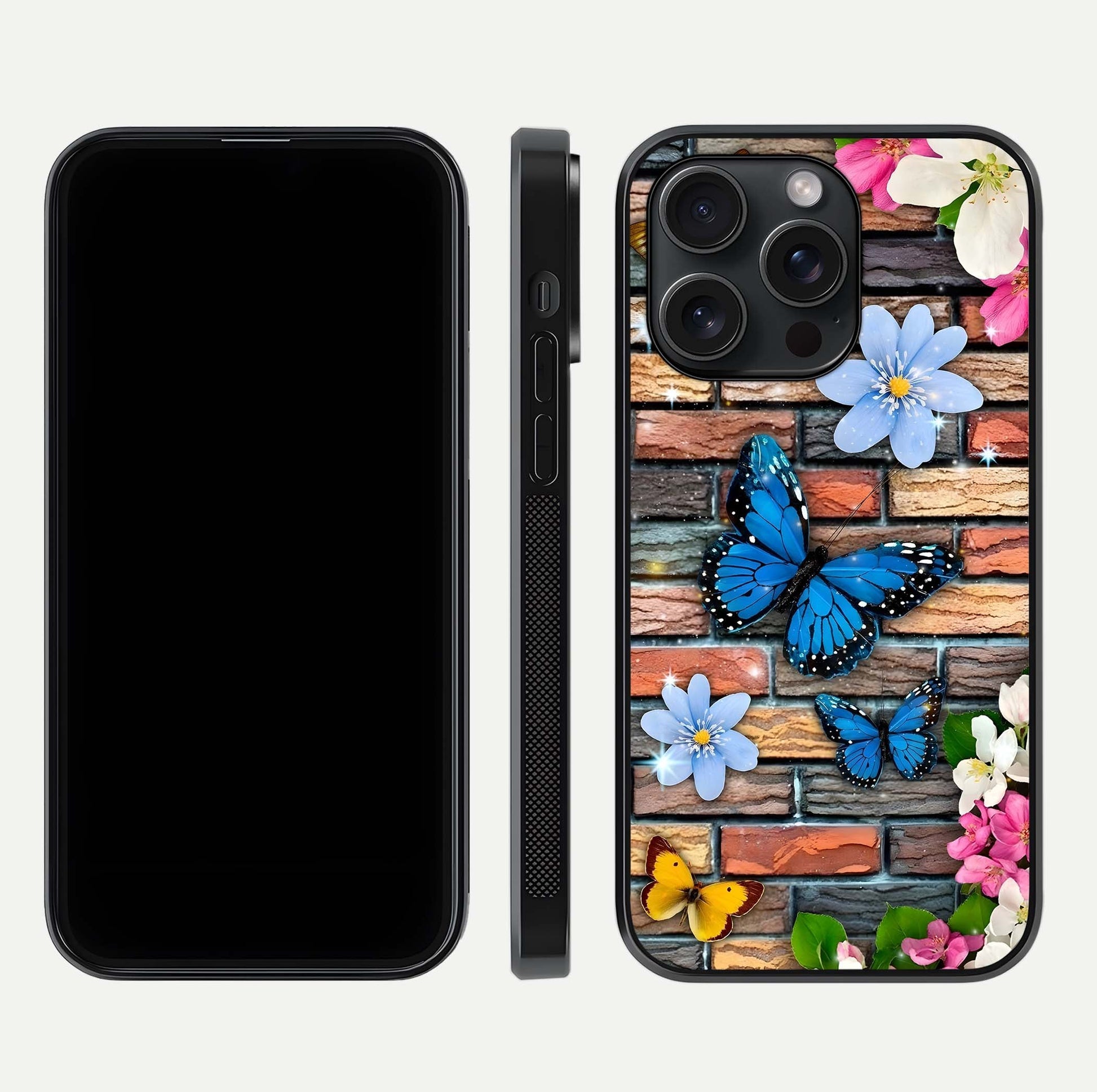 Brick Bloom Flight Glass Case for iPhone 15 Pro dual-view layout showing bloom placement and protective edge design