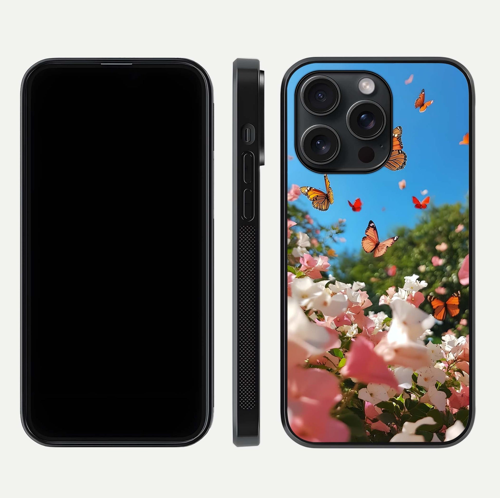 Butterflies in Bloom Sky Glass Case for iPhone 15 Pro dual-view layout displaying elegant composition and glass gloss