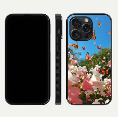 Butterflies in Bloom Sky Glass Case for iPhone 15 Pro dual-view layout displaying elegant composition and glass gloss