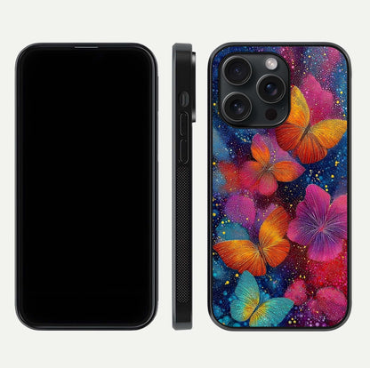 Butterfly Dream Mist Glass Case for iPhone 15 Pro dual-view layout showing mist background and edge polish