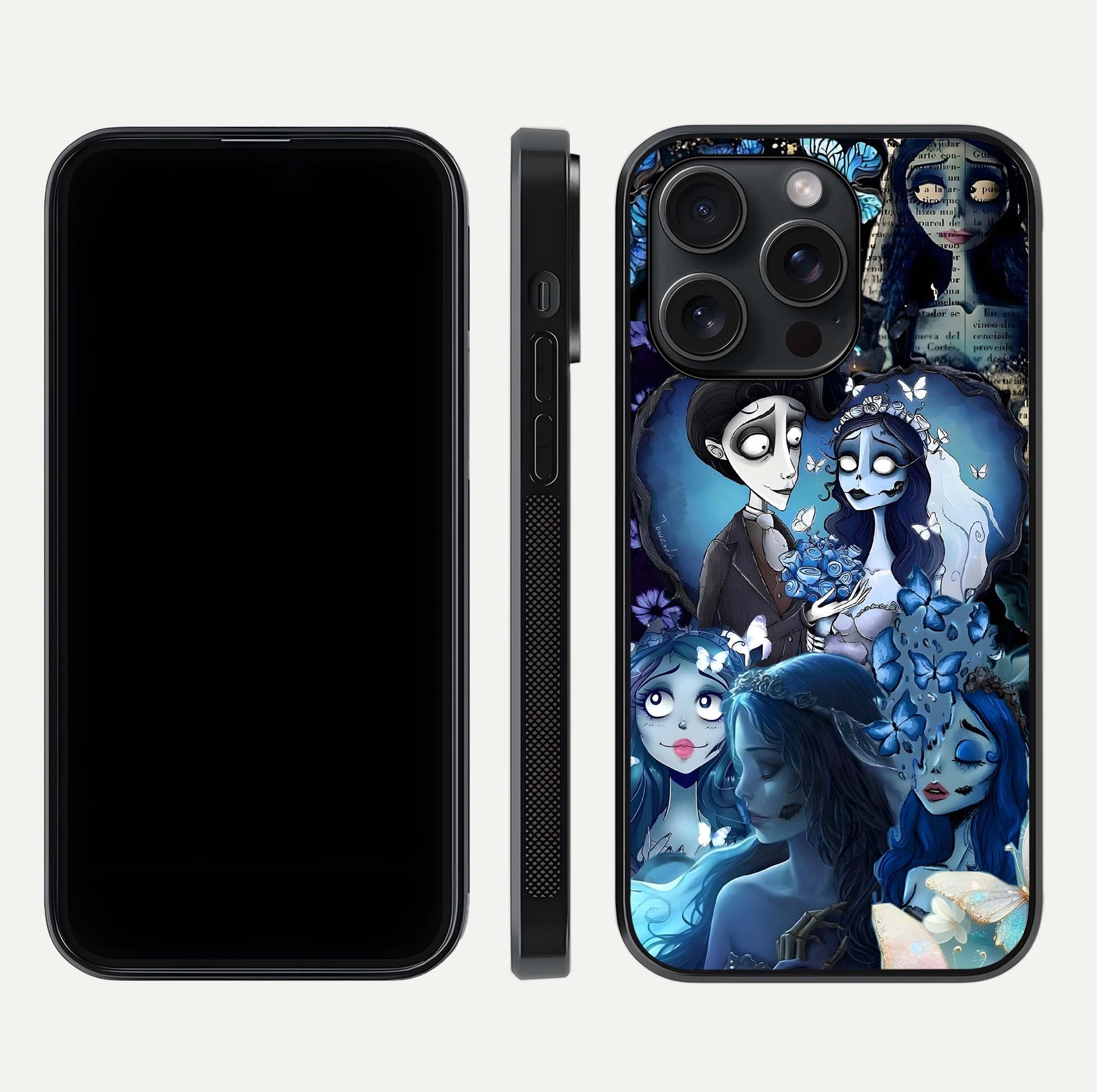 Butterfly Ghost Soul Glass Case for iPhone 15 Pro front-and-back layout highlighting dark art balance and HD shine