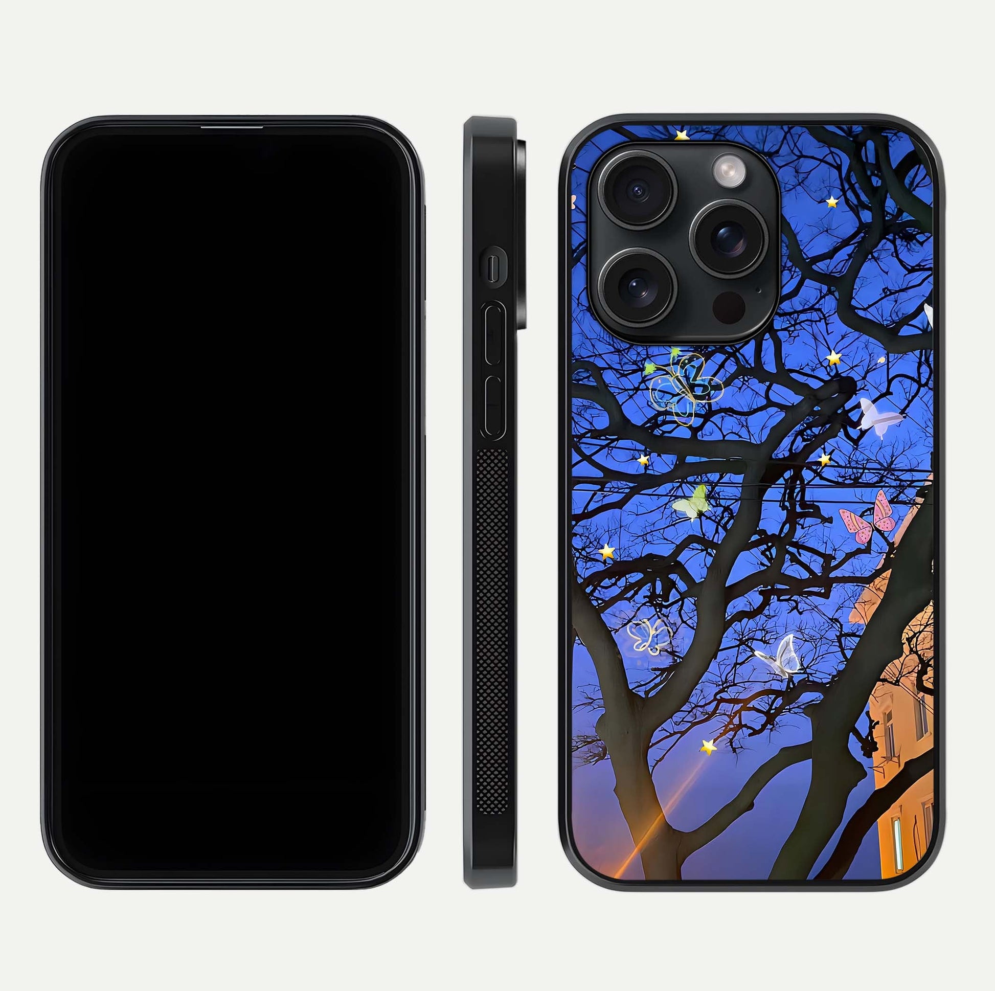 Butterfly Night Magic Glass Case for iPhone 15 Pro dual-view layout displaying balanced art and edge clarity