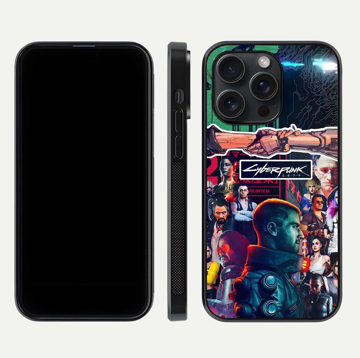 CYBERPUNK Legacy Glass Case for iPhone 15 Pro dual-view layout showing cyberpunk hues and glass precision