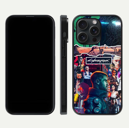 CYBERPUNK Legacy Glass Case for iPhone 15 Pro dual-view layout showing cyberpunk hues and glass precision