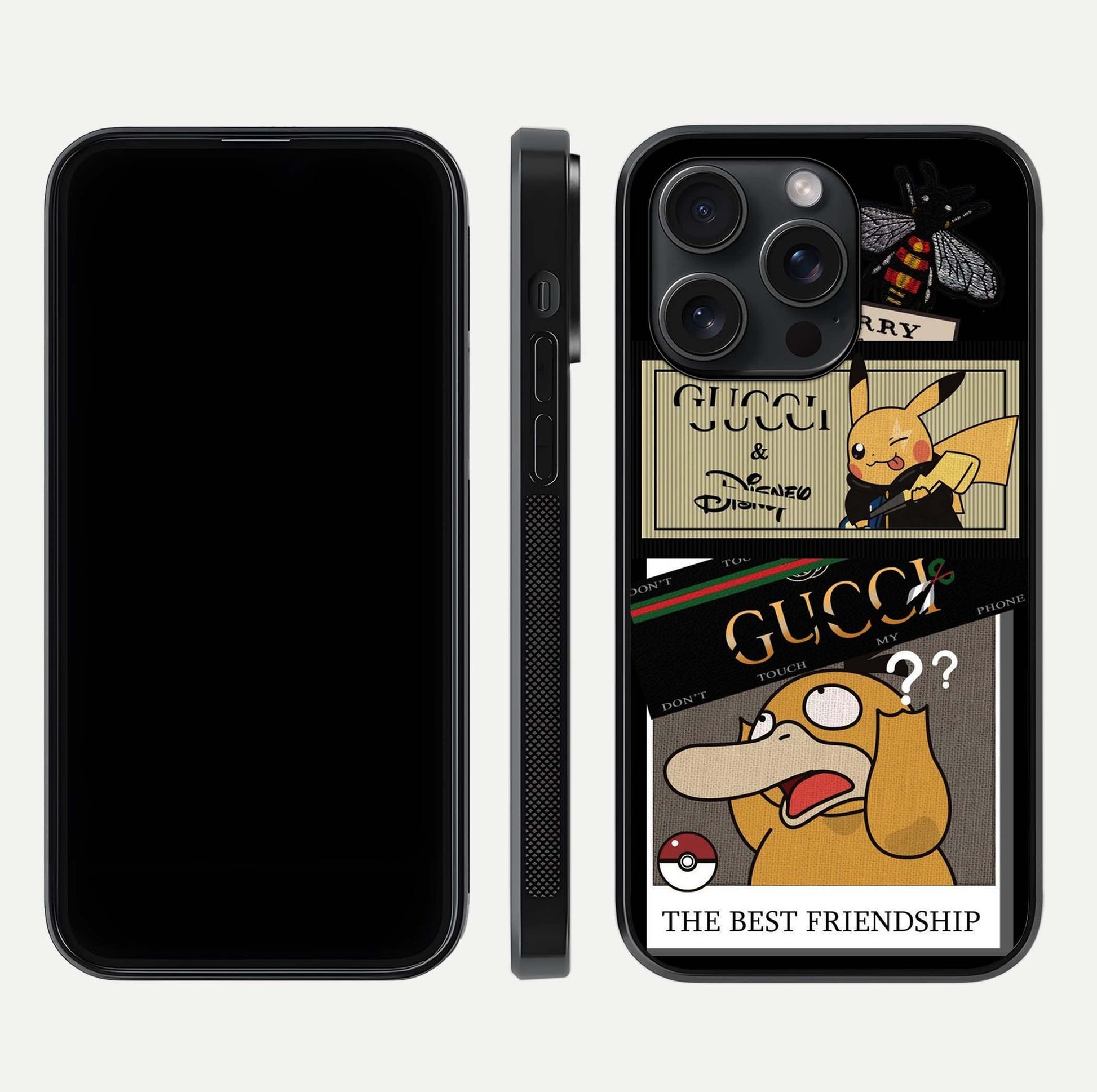 Cartoon Brand Play Mashup Glass Case for iPhone 15 Pro front and back view layout highlighting multi-logo artwork and curved edges