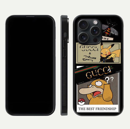 Cartoon Brand Play Mashup Glass Case for iPhone 15 Pro front and back view layout highlighting multi-logo artwork and curved edges