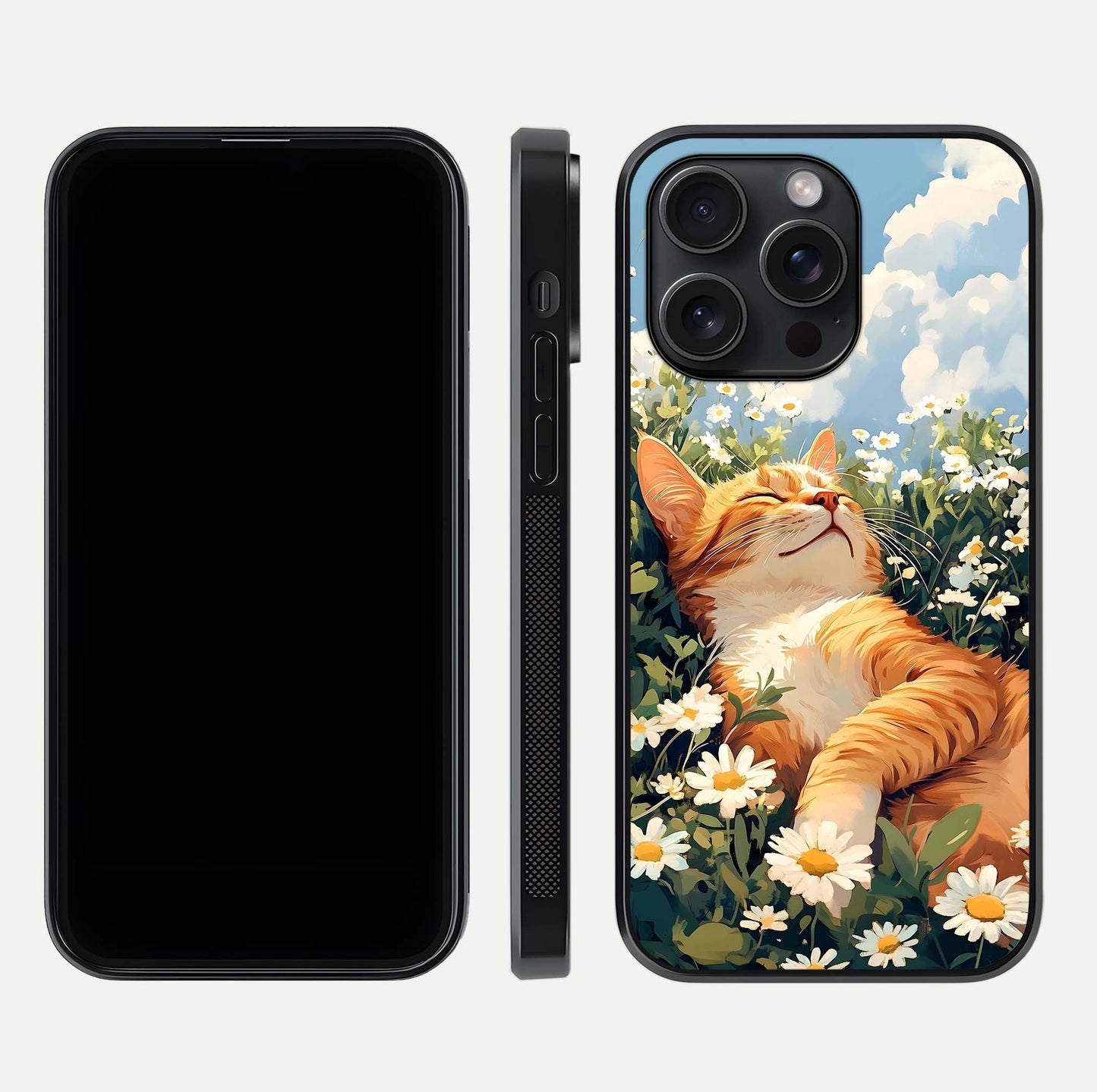 Cat & Flowers View Glass Case for iPhone 15 Pro front-and-back layout showing floral balance and gloss surface