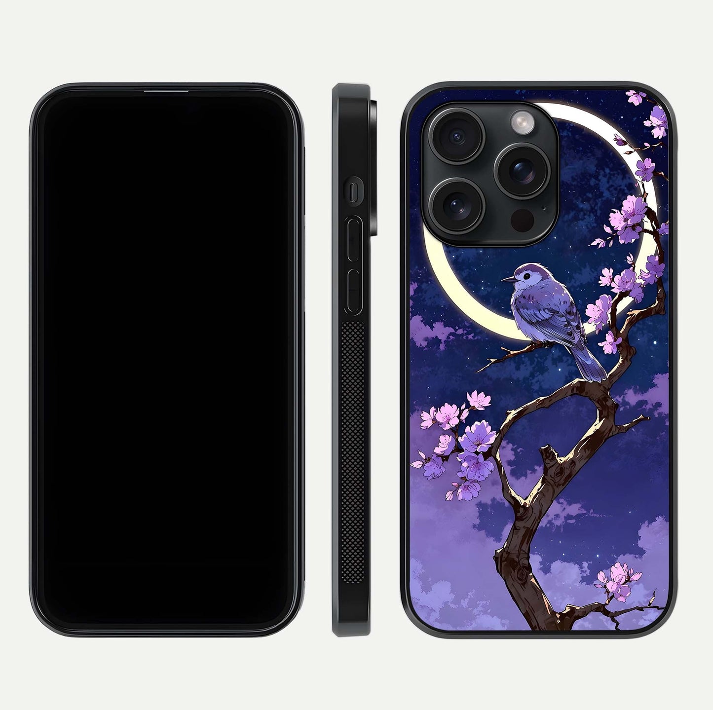 Celestial Bird Blossom Glass Case for iPhone 15 Pro dual-view layout showing art composition and edge clarity